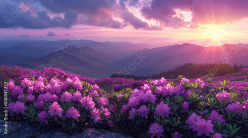 A breathtaking view of the Carpathian Mountains during spring  covered in vibrant purple rhodendron flowers that radiate like sunbeams under a twilight sky. Created with Ai