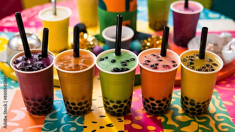 Fototapeta premium A row of colorful bubble tea take away cups on a table