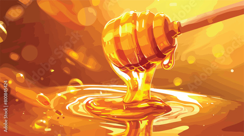 Pouring of tasty honey from dipper on color background photo
