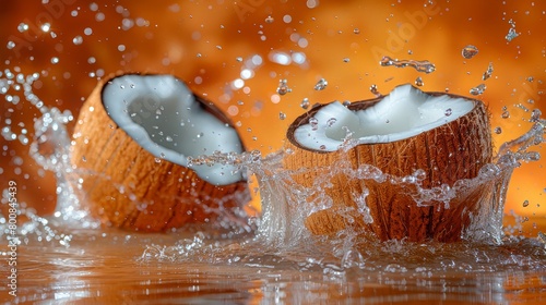   A tight shot of two coconuts with water spouting from their tops and bases photo