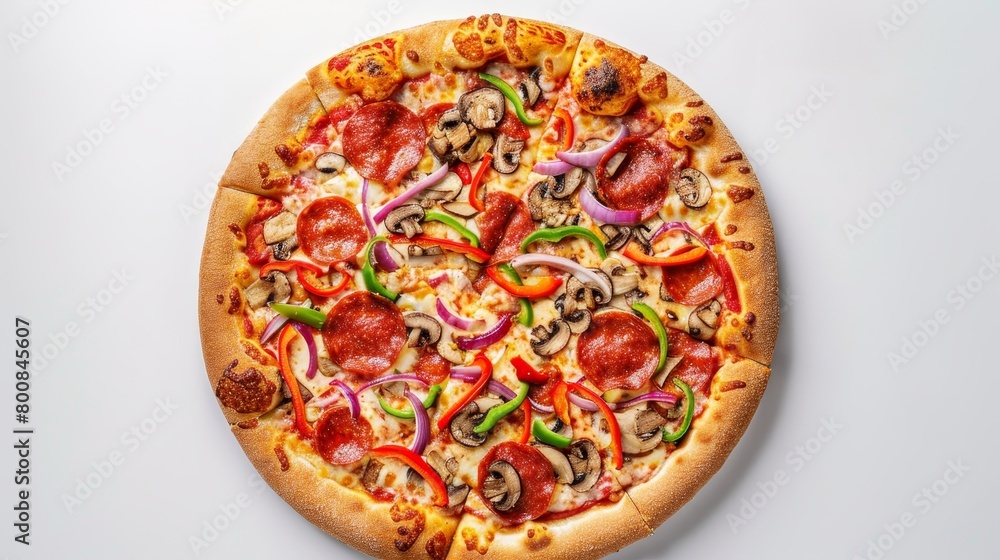 Overhead shot of a thin crust pizza, gooey cheese, bright tomato sauce, pepperoni, mushrooms, onions, bell peppers on a clean white background