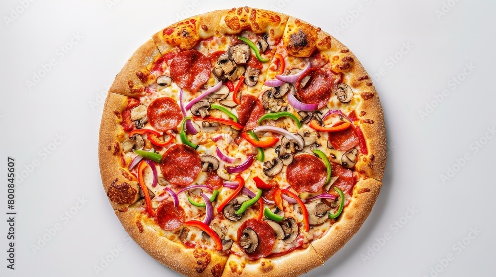 Overhead shot of a thin crust pizza, gooey cheese, bright tomato sauce, pepperoni, mushrooms, onions, bell peppers on a clean white background Overhead shot of a thin crust pizza, gooey cheese, bright tomato sauce, pepperoni, mushrooms, onions, bell peppers on a clean white background