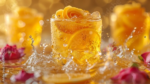  A tight shot of a glass filled with lemonade, water droplets cascading within, and roses blooming behind