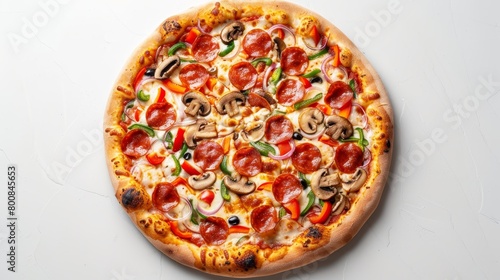 Overhead shot of a thin crust pizza, gooey cheese, bright tomato sauce, pepperoni, mushrooms, onions, bell peppers on a clean white background