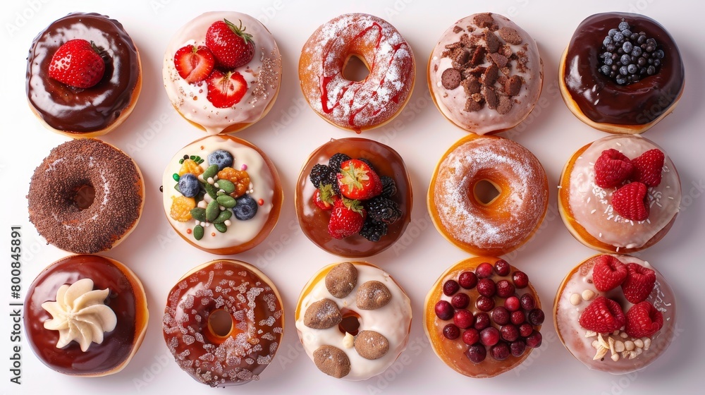 Overhead shot of an array of gourmet donuts, each with unique toppings, displayed against a stark white background, precise studio lighting Overhead shot of an array of gourmet donuts, each with unique toppings, displayed against a stark white background, precise studio lighting