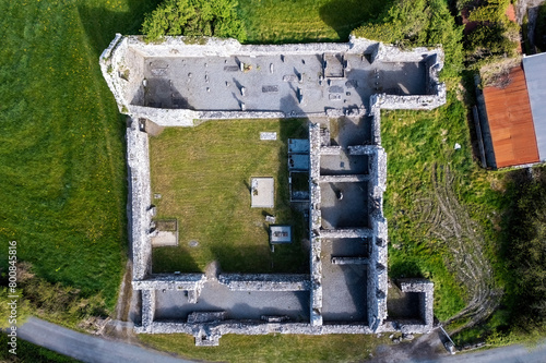 Aerial topdown view of Annaghdown Abbey. Perfectly framed layout.