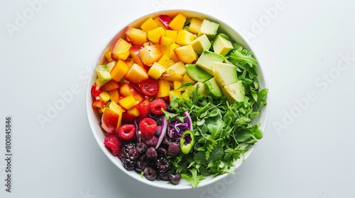 Overhead shot of a rainbow salad bowl featuring crisp greens, juicy fruits, and a splash of tangy dressing, on a sleek white background