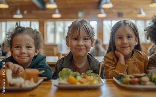 Happy Multiethnic children eating healthy food at a school. Generate AI image