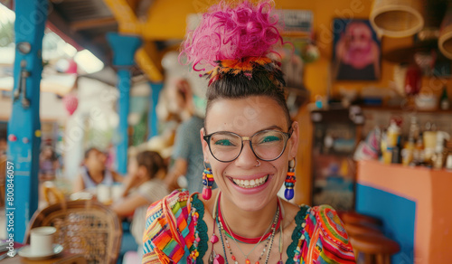 a beautiful mixed race woman with a pink mohawk hairstyle, smiling and wearing colorful glasses