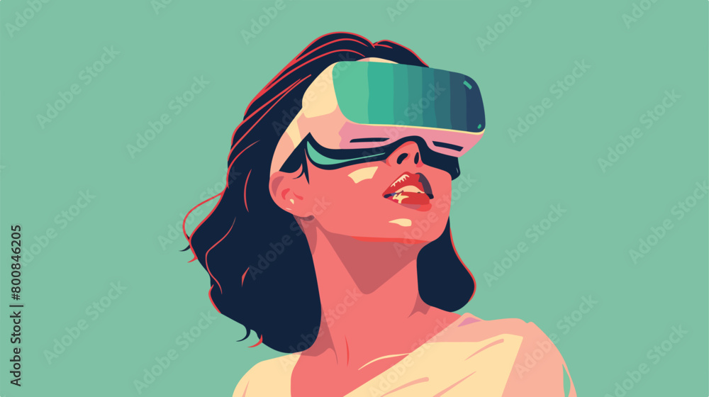 Pretty young woman in VR glasses on green background