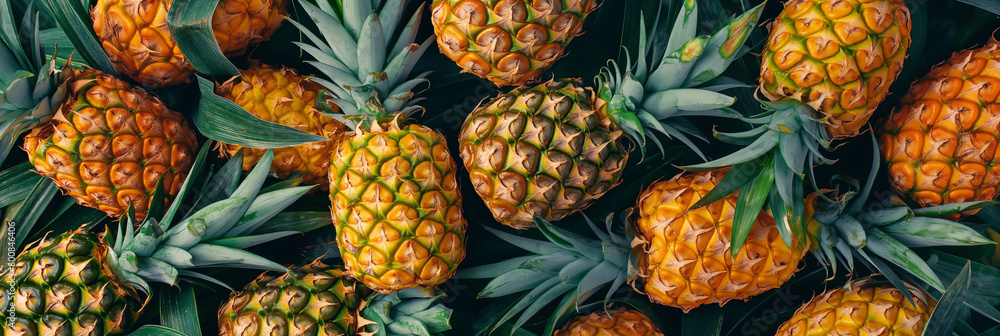 A fresh collection of pineapples with green leaves showing the beauty of tropical fruits and their vibrant textures A fresh collection of pineapples with green leaves showing the beauty of tropical fruits and their vibrant textures