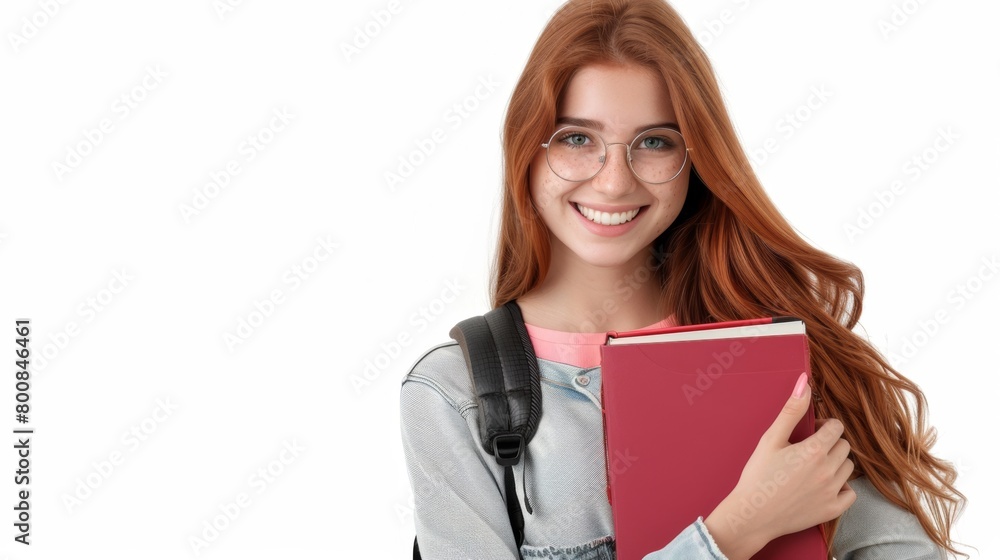 Smiling European female student with textbooks in her hands on a white background. Training and education, student life. Smiling European female student with textbooks in her hands on a white background. Training and education, student life.