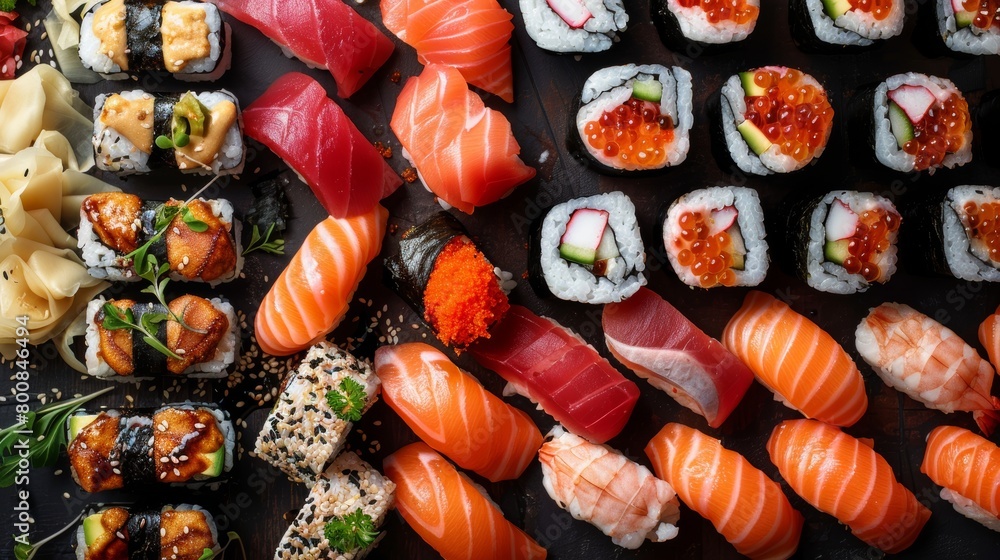 Luxurious sushi feast, overhead perspective, mixed sushi rolls, sashimi, nigiri, fresh ocean catch, rice, seaweed, with condiments, against a stark background, studio lighting Luxurious sushi feast, overhead perspective, mixed sushi rolls, sashimi, nigiri, fresh ocean catch, rice, seaweed, with condiments, against a stark background, studio lighting