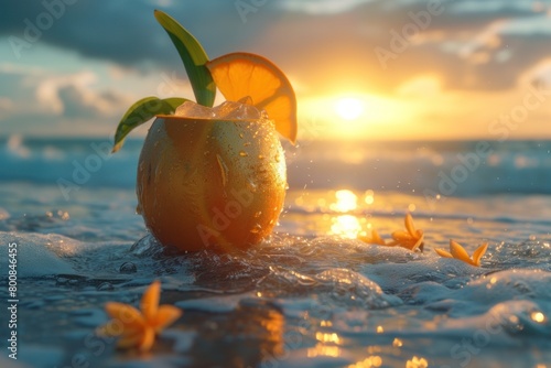 Close Up of an Orange Submerged in Water. Generative AI photo