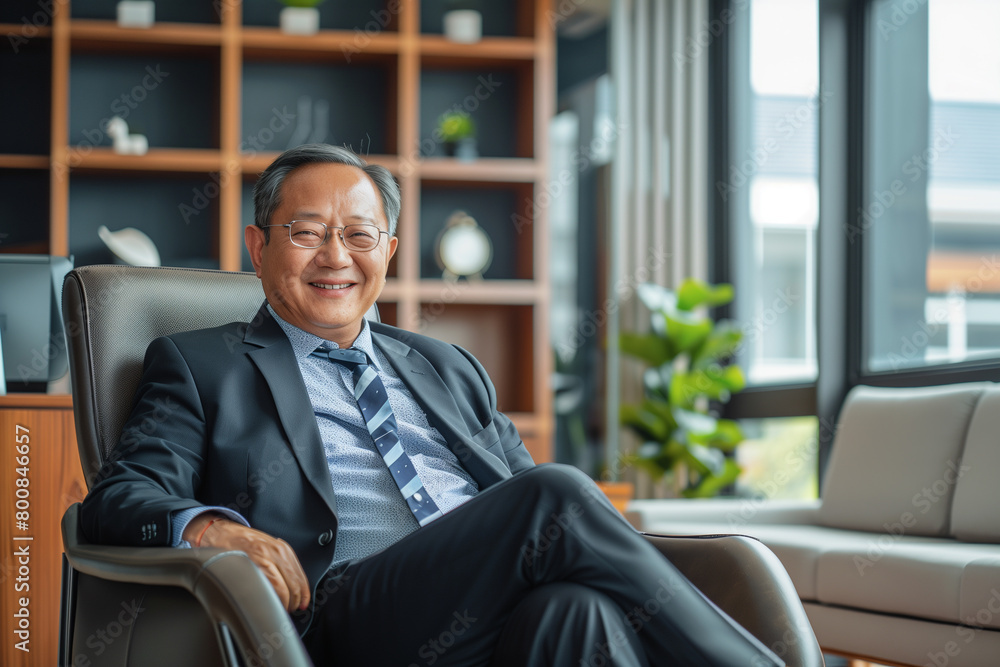 Mature Asian smart businessman sitting in modern office. Business people concept Mature Asian smart businessman sitting in modern office. Business people concept