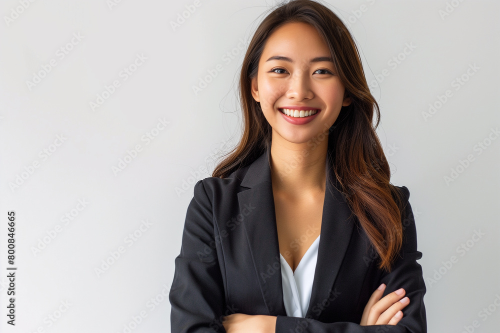 Portrait of smiling smart Asian businesswoman standing over white background. Studio shot, Free space Portrait of smiling smart Asian businesswoman standing over white background. Studio shot, Free space