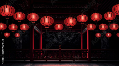 Chinese house interior with red lanterns hung from the ceiling in line interior decoration
