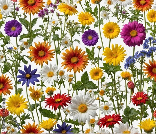 Seamless pattern of multicolored daisies on a white background