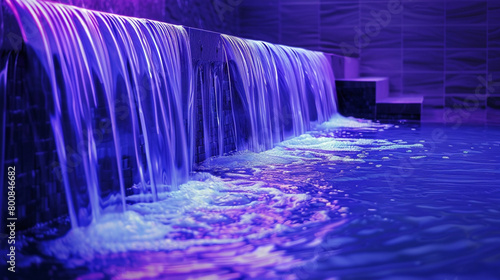 Cascading neon blue waterfalls plunge into a pool of serene lavender  the flow of information in the digital world made visible.