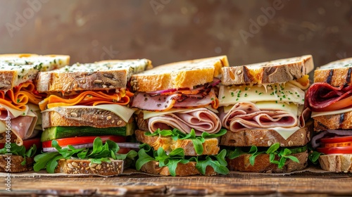 Luxurious sandwich variety, featuring rich cheeses and premium meats, veggies on artisan rolls, pressed, studio raw lighting, clear isolated background
