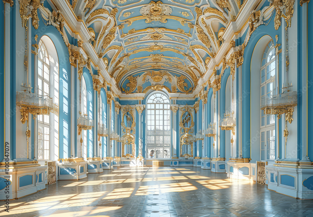 Interior of the Petergof palace in St Petersburg, interior design, blue and white walls with golden ornaments. Created with Ai