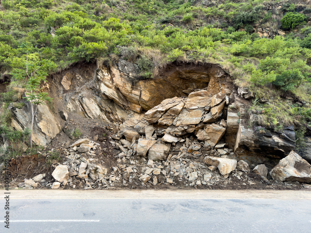 Mountain landslide large rocks blocking road in swat valley, Pakistan