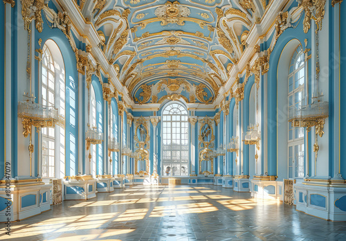 Interior of the Petergof palace in St Petersburg, interior design, blue and white walls with golden ornaments. Created with Ai photo