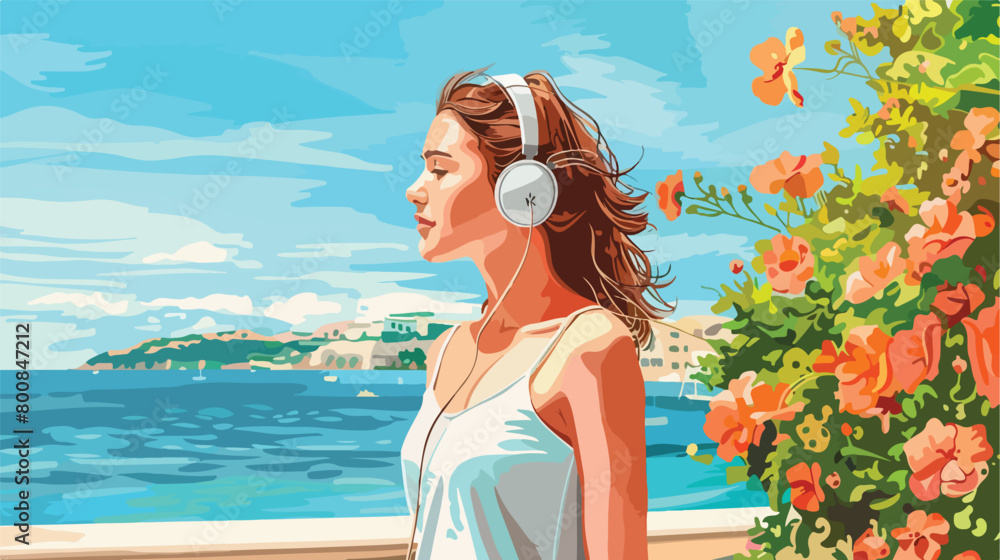 Pretty young woman with earphones outdoors Vector illustration