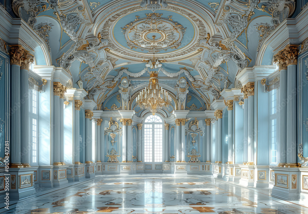 Interior of the Peter and Paul Russia palace, large ballroom with intricate ceiling design. Created with Ai
