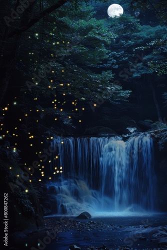 Picture a serene waterfall illuminated by the soft glow of the moon  its waters cascading gently into a pool below as fireflies dance  Generative AI