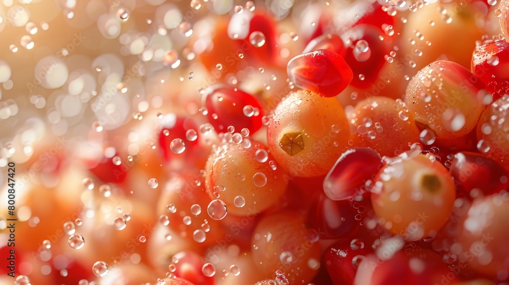 A tight shot of assorted fruit with water droplets atop and bottom edges, visible in frame's bottom A tight shot of assorted fruit with water droplets atop and bottom edges, visible in frame's bottom