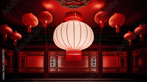 Style traditional chinese house with red Lantern Ornaments for Chinese New Year Background
