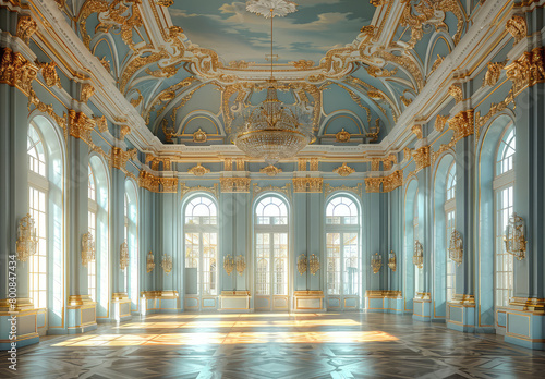 The interior of the ballroom in Petergof palace, with light blue and gold colors. Created with Ai photo