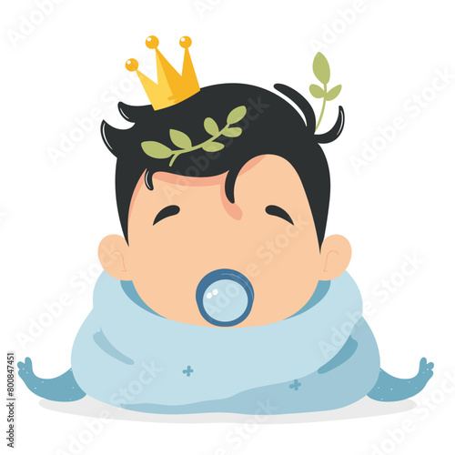 whimsical illustration of a baby adorned with a golden crown and an olive branch wreath