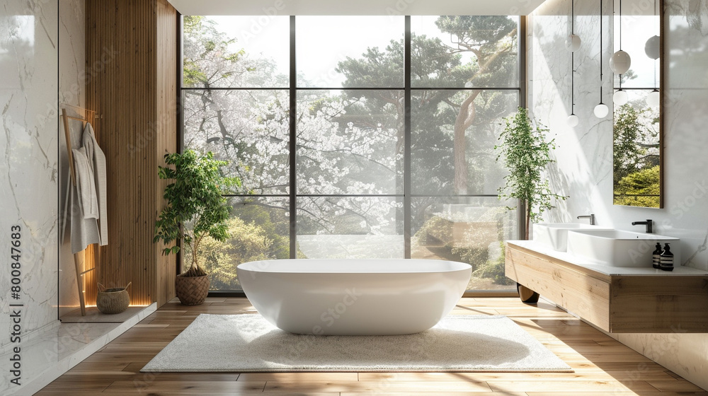 Bright Japanese-style bathroom with a large window, marble walls and wooden floors. Bright Japanese-style bathroom with a large window, marble walls and wooden floors.
