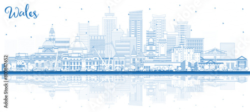 Outline Wales City Skyline with Blue Buildings and reflections. Concept with Historic Architecture. Wales Cityscape with Landmarks. Cardiff. Swansea. Newport.