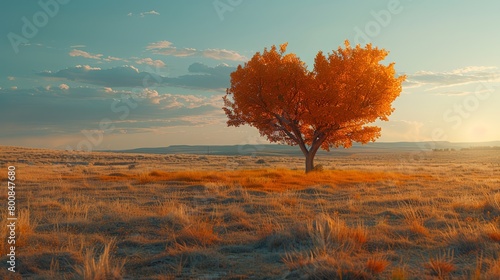  A solitary tree in the open field, sun rays filtering through drifting clouds, grassy foreground