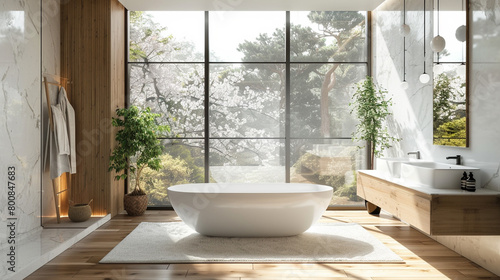 Bright Japanese-style bathroom with a large window  marble walls and wooden floors.