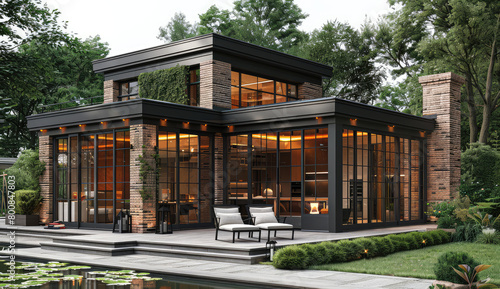 A black aluminum patio cover with large glass windows, situated on the side of an old stone house in Parklands Japan. Created with Ai