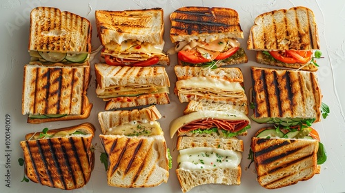 Luxurious array of grilled and pressed sandwiches, captured from above, filled with gourmet ingredients on freshly baked bread, set against a clean background with professional studio lighting photo