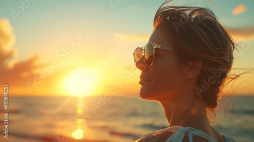 Gracefully adorned in sunglasses, a 40-year-old woman savors the beach's tranquility, her gaze fixed on the sun's radiant embrace photo