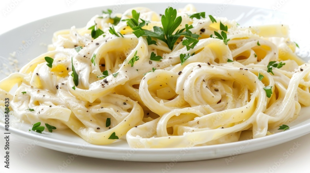 Luscious fettuccine Alfredo, rich and creamy, topped with parsley and black pepper, served on a bright white plate, studio lighting, isolated background Luscious fettuccine Alfredo, rich and creamy, topped with parsley and black pepper, served on a bright white plate, studio lighting, isolated background
