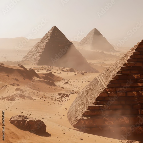 Amidst swirling dust in the vast desert  majestic pyramid structures rise  timeless monuments of awe-inspiring beauty and ancient mysteries