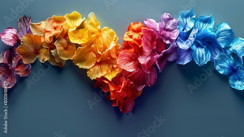   A row of multicolored flowers is arranged against a blue backdrop; one petal assumes a heart shape photo