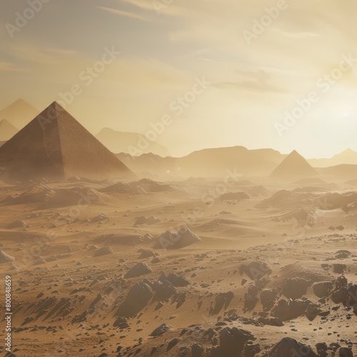 Amidst swirling dust in the vast desert  majestic pyramid structures rise  timeless monuments of awe-inspiring beauty and ancient mysteries