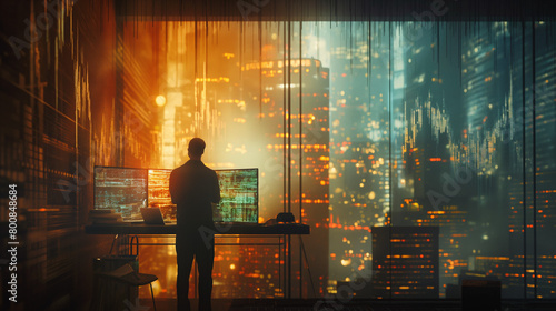 Man is working the future life until morning thought window of building with sunrise.