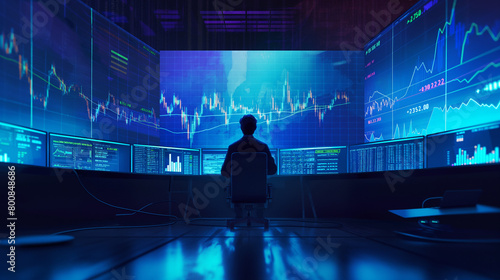 Alone man working in the room with stock trading market
