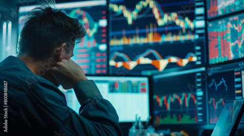 Man is standing with monitor to recheck stock graph trading with serious situation