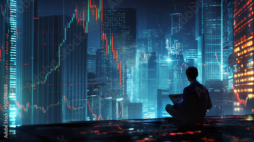 Man is sitting and watching stock trading the future life on the top of building at night time.