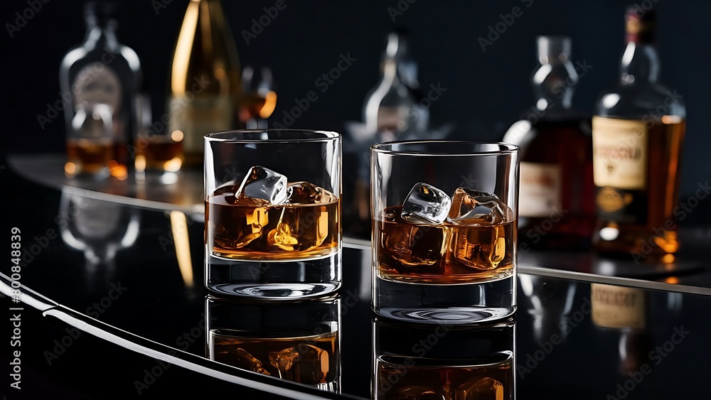 custom made wallpaper toronto digitalDrinks and beverages conception two glasses of whisky with ice cubes on reflective black surface